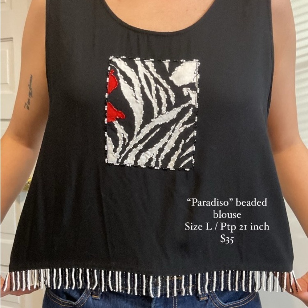 Vintage Black & White Summer Fairycore Beach Embroidered Whimsy Large Beaded Top